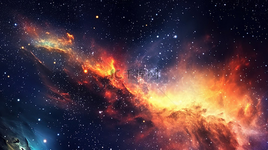 黑暗中闪烁着星光灿烂的夜空和火热星系的水平横幅 银河系及更远的 3D 插图