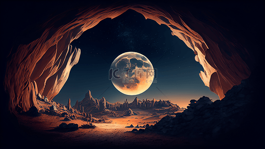 洞穴背景图片_月亮洞穴创意插画背景