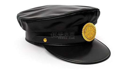 白色背景上金色帽章黑色出租车司机帽和出租车标志的 3D 渲染