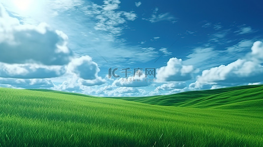 广阔的绿草山上方多云的天空的 3D 渲染