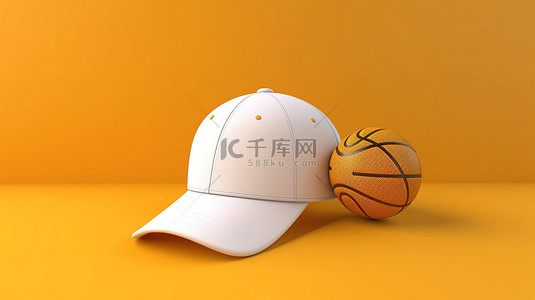 用品模板背景图片_黄色背景，带有篮球 3D 渲染和时尚的白色棒球帽