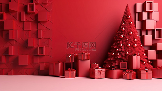 圣诞树促销横幅和新年快乐礼物，红色背景上有 3D 渲染