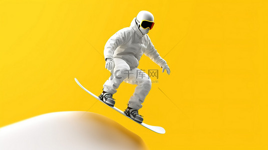 冬季户外活动背景图片_黄色背景滑雪板在白色 3d 渲染