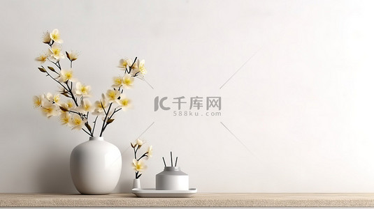 墙壁花卉背景图片_斯堪的纳维亚风格内墙的 3D 渲染，配有桌子和花卉装饰