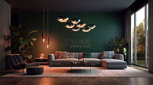 夜间客厅背景图片_夜间氛围现代客厅，配有柔和的灯光 3D 渲染