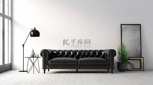 皮革装饰沙发背景背景图片_现代客厅装饰着黑色皮革沙发空白白墙模型和 3D 渲染中的斯堪的纳维亚设计元素