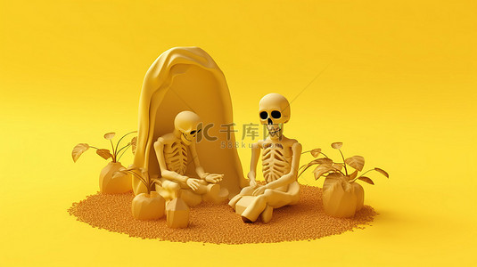万圣节金色背景 3D 渲染上的光谱墓碑和怪异头骨