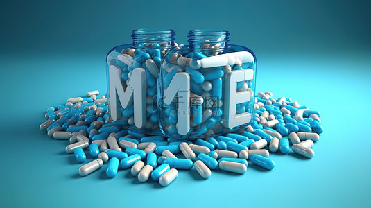 医疗保健和医学的创新描绘“医学”一词在 3D 渲染的蓝色背景上使用胶囊和药丸描绘