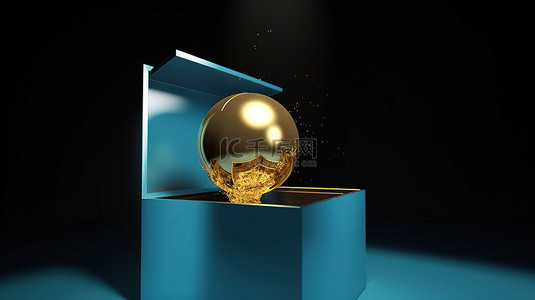 打开的蓝色礼品盒在 3D 渲染中显示漂浮的金色球体
