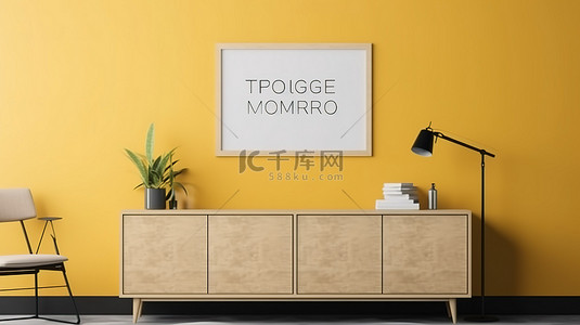 黄日背景图片_客厅内部海报样机的 3D 渲染，柜子靠在黄墙上