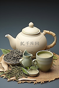 茶叶水背景图片_茶壶周围是茶袋茶叶和茶壶