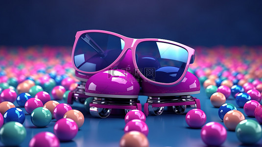 深蓝色背景上蓝色溜冰鞋和粉色眼镜周围彩色球的 3D 渲染