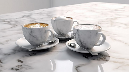 上一休一背景图片_一张白色大理石桌子上放着两杯热气腾腾的咖啡的 3D 渲染图