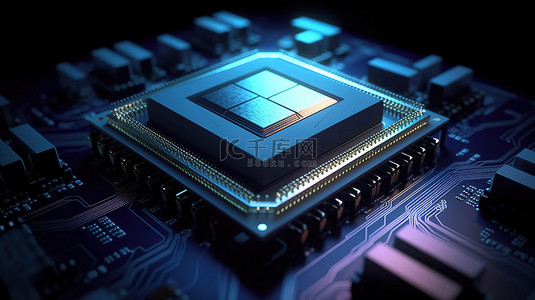 科技蓝色背景板背景图片_蓝色电路板上以惊人的 3d 描绘的 cpu 芯片