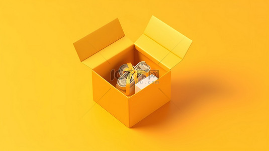 礼盒打开的背景图片_惊喜包黄色背景，带打开的礼盒钱和卡片，采用简约 3D 渲染
