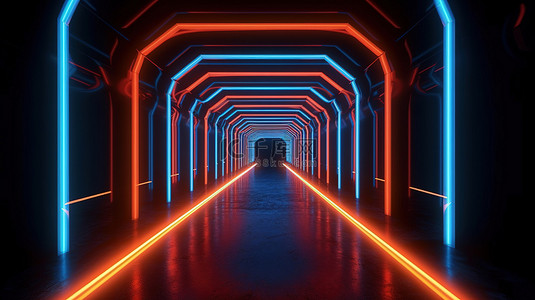 带激光灯的霓虹灯照明讲台隧道的 3D 插图