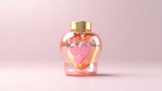 金色爱心玫瑰背景图片_3D 渲染的粉红心形，装在金色金属罐瓶中，非常适合情人节爱情