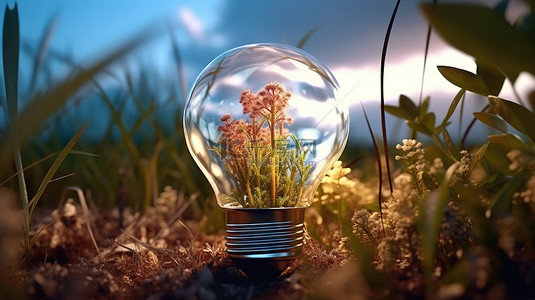 可持续性创新背景图片_在茂密的植被和多云的天空中注入植物的玻璃灯泡的 3D 渲染