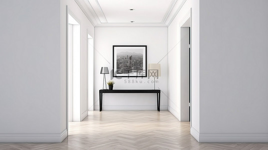 现代走廊内部 3D 渲染白墙与黑框样机