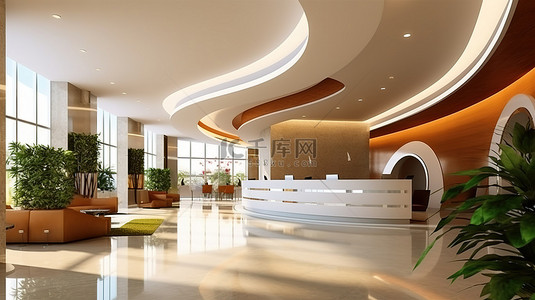 落地页模版背景图片_酒店大堂接待室内部的 3D 插图