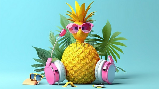 太阳镜包覆菠萝和火烈鸟漂浮，配有耳机，营造热带氛围 3D 插图，带复制空间