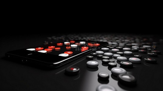 电话线路背景图片_3d 渲染中的移动应用程序按钮显示在黑色背景和白色屏幕的移动设备旁边的地板上