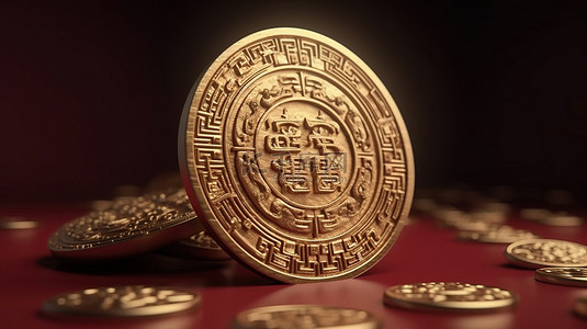 红色背景下亚洲节日使用的中国古代金币的真实 3D 插图