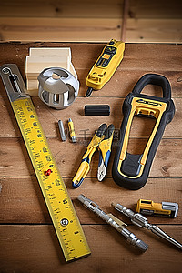 黄色工作工具以及木桌上的工具箱