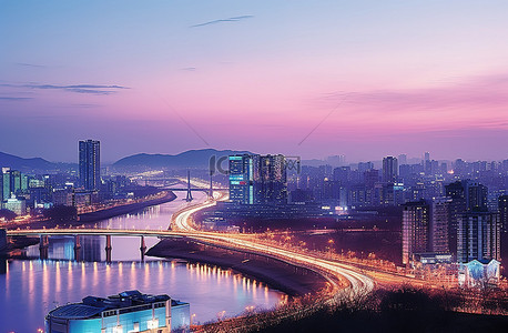 晚上城市背景图片_黄昏的韩国城市，远处的河流
