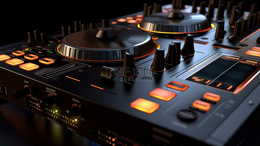 音乐设备背景图片_灯光昏暗的工作室中 DJ 控制器和音乐设备的 3D 渲染
