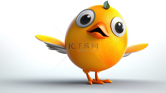 搞笑的 3D 小鸟抓着橘子