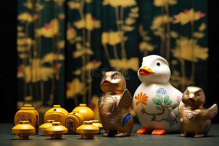 坐在中国灯笼前的金鸭雕像