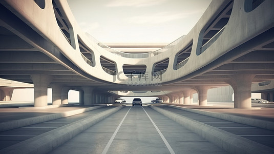 未来派建筑和空置混凝土停车场的催眠 3D 插图