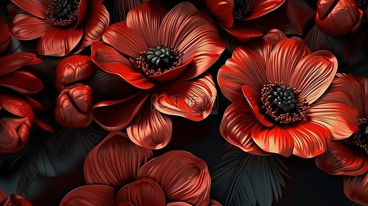 红色夏花背景图片_时尚3D复古艺术黑色背景中精致的红色花朵