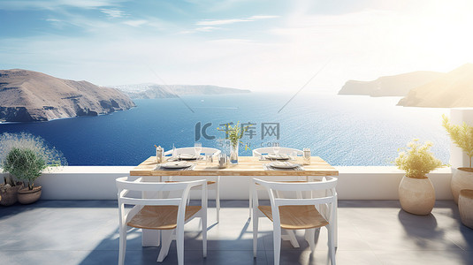 户外用餐，欣赏令人惊叹的圣托里尼岛海滩景观 3D 渲染