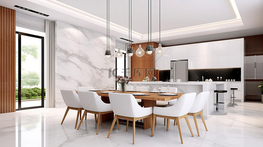高架高级餐厅和现代厨房采用时尚的白色和大理石元素 3D 渲染
