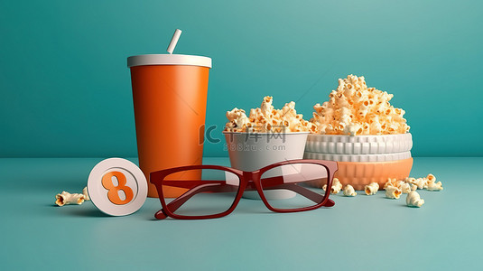 零食爆米花背景图片_电影零食爆米花 3D 眼镜和纸杯中的闹钟