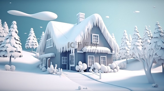冬季自然概念场景中抽象家居的卡通风格 3D 渲染