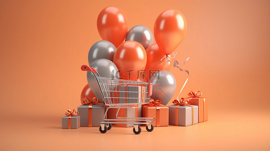 促销热卖标签组合背景图片_电子商务设计购物车的 3D 插图，配有礼品盒和广告海报
