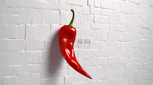 贴在白墙上的红辣椒的特写 3D 渲染