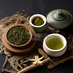 绿茶茶叶背景图片_一碗绿茶放在一个带小勺子的茶壶前