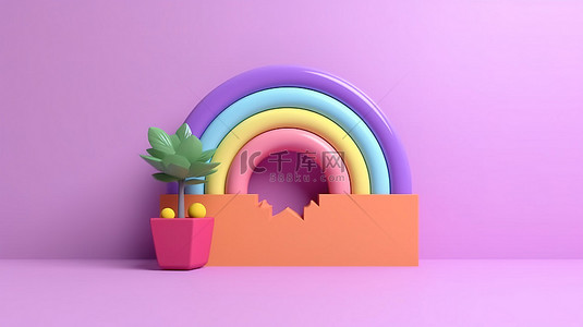 具有彩色彩虹场景的简约紫色背景的 3D 渲染