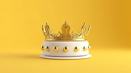 装饰黄色皇冠王冠背景图片_富丽堂皇的白色王冠，在充满活力的黄色背景上装饰着金色，以 3D 技术精心渲染