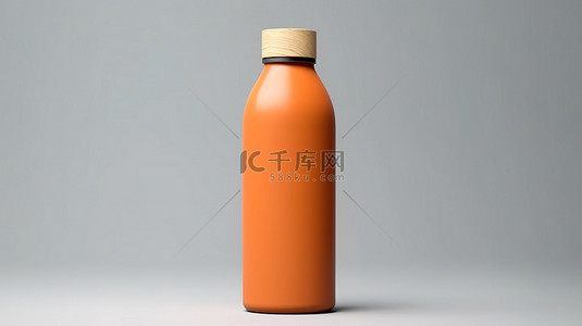 时尚的橙色瓶子设计，采用 3D 创建的白色背景下的木盖