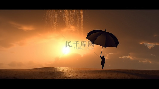 背景夕阳背景图片_在日落和雨沙丘的背景下，在风中飘扬的剪影伞的 3D 渲染