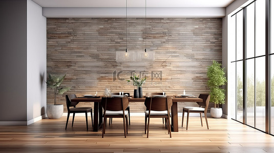 室内简约装饰背景图片_豪华简约餐厅内部与空木墙 3D 渲染