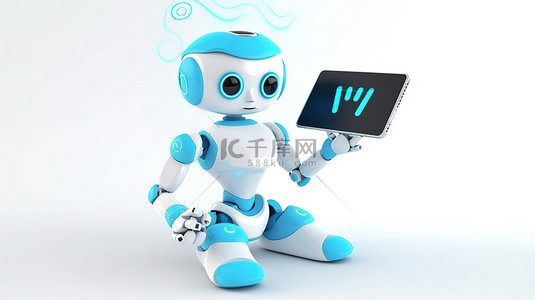 可爱的机器人与蓝色 wi fi 符号在白色背景上的 3d 渲染