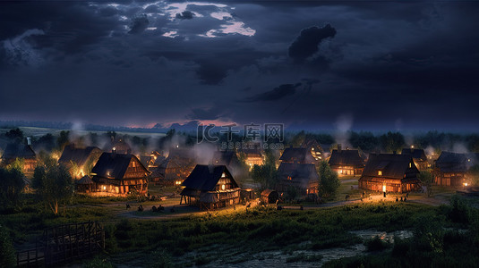 以夕阳为背景的 3D 插图中村庄的晚景