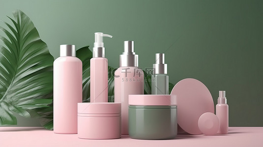 3D 渲染的美容产品包装模型的化妆品瓶和容器与自然装饰