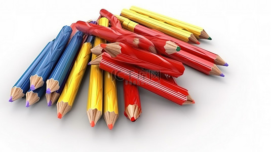 3D 插图彩色铅笔墨水笔和白色背景上用红色橡皮筋固定的普通铅笔的文具